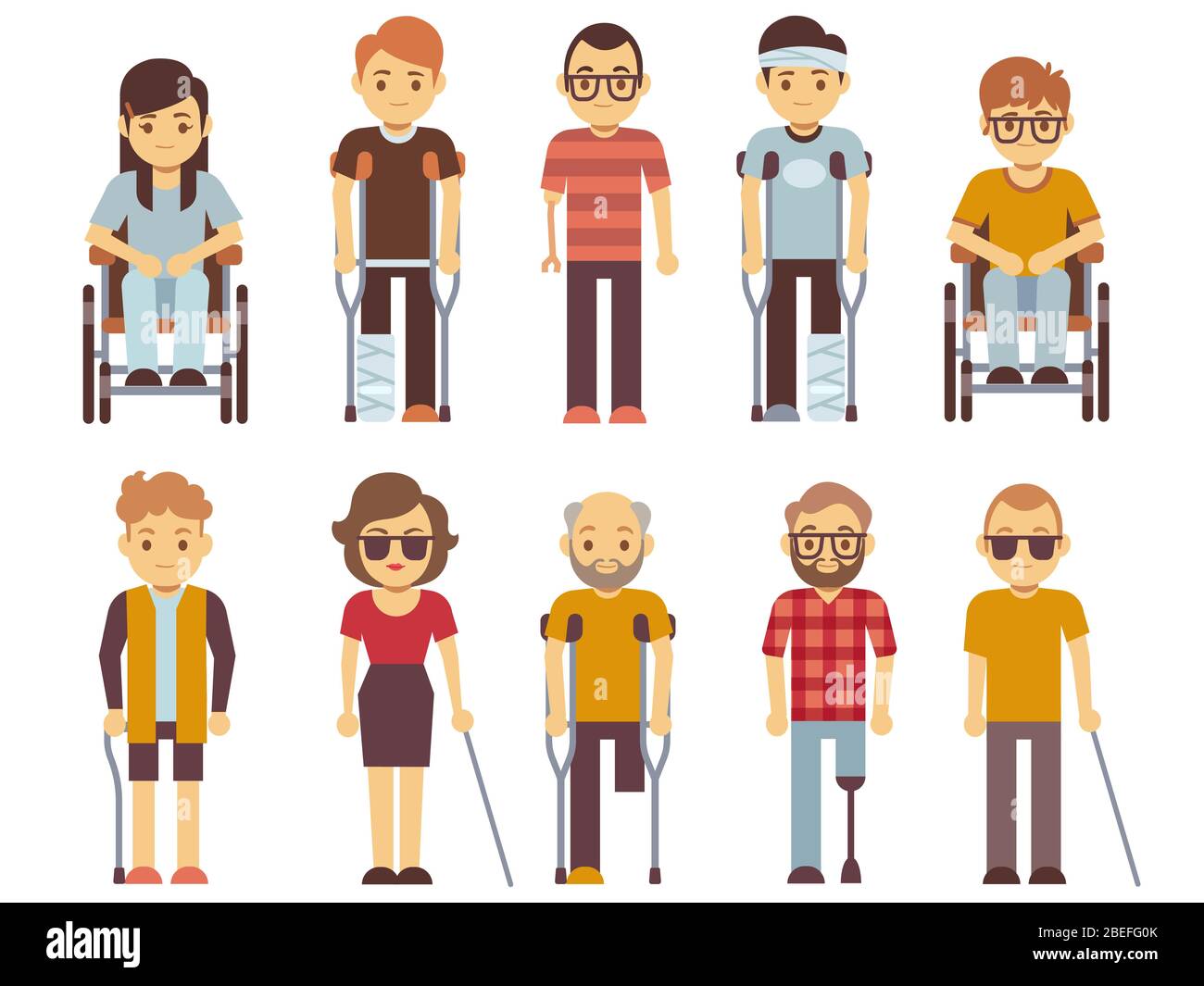 Disabled people vector set. old and young invalid persons isolated on white background. Person character invalid in wheelchair illustration Stock Vector