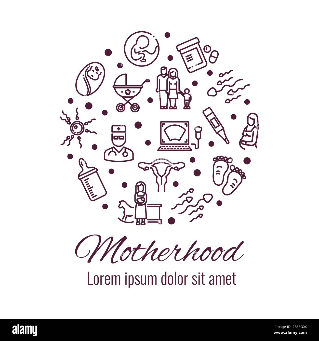 Motherhood thin line icons round shape form concept. Vector illustration Stock Vector