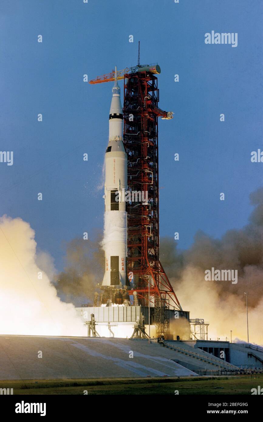 The crew of Apollo 13, consisting of Commander James (Jim) Lovell Jr., Command Module Pilot John Swigert Jr., and Lunar Module Pilot Fred Haise Jr., launched aboard a Saturn V rocket at 2:13 p.m. EST on April 11, 1970, from Launch Pad 39A at NASA's Kennedy Space Center in Florida. Apollo 13, launched on April 11, 1970, was NASA's third crewed mission to the moon. Two days later, on April 13, while en route to the lunar surface, a fault in the electrical system of one of the Service Module's oxygen tanks produced an explosion that caused both oxygen tanks to fail and also led to a loss of elect Stock Photo