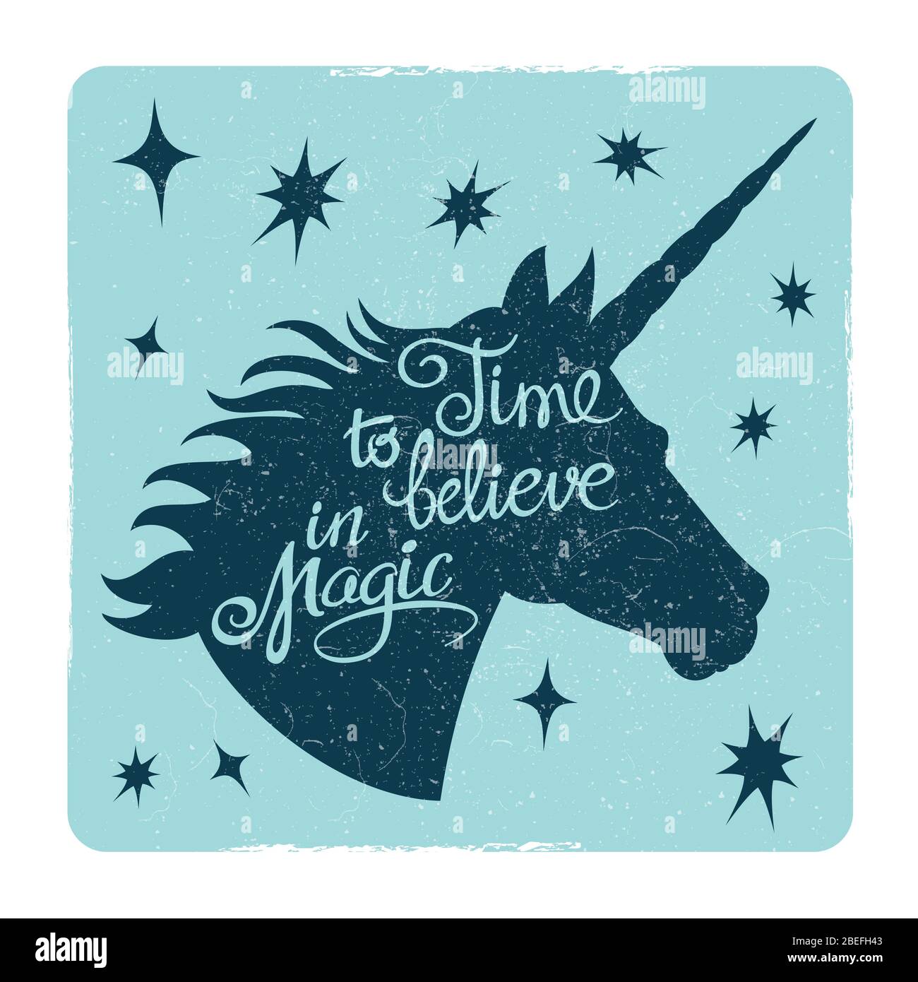 Grunge vintage card with inspiring unicorn silhouette head. Vector illustration Stock Vector