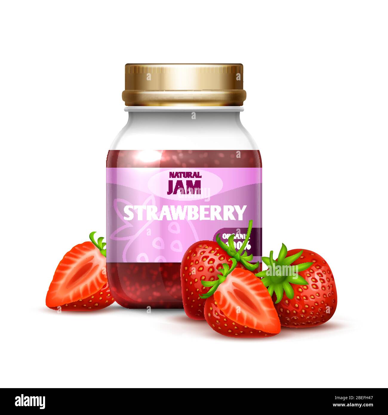 Closeup glass jar with strawberry jam and berries isolated on white background. Jam and jelly sweet strawberry, vector illustration Stock Vector