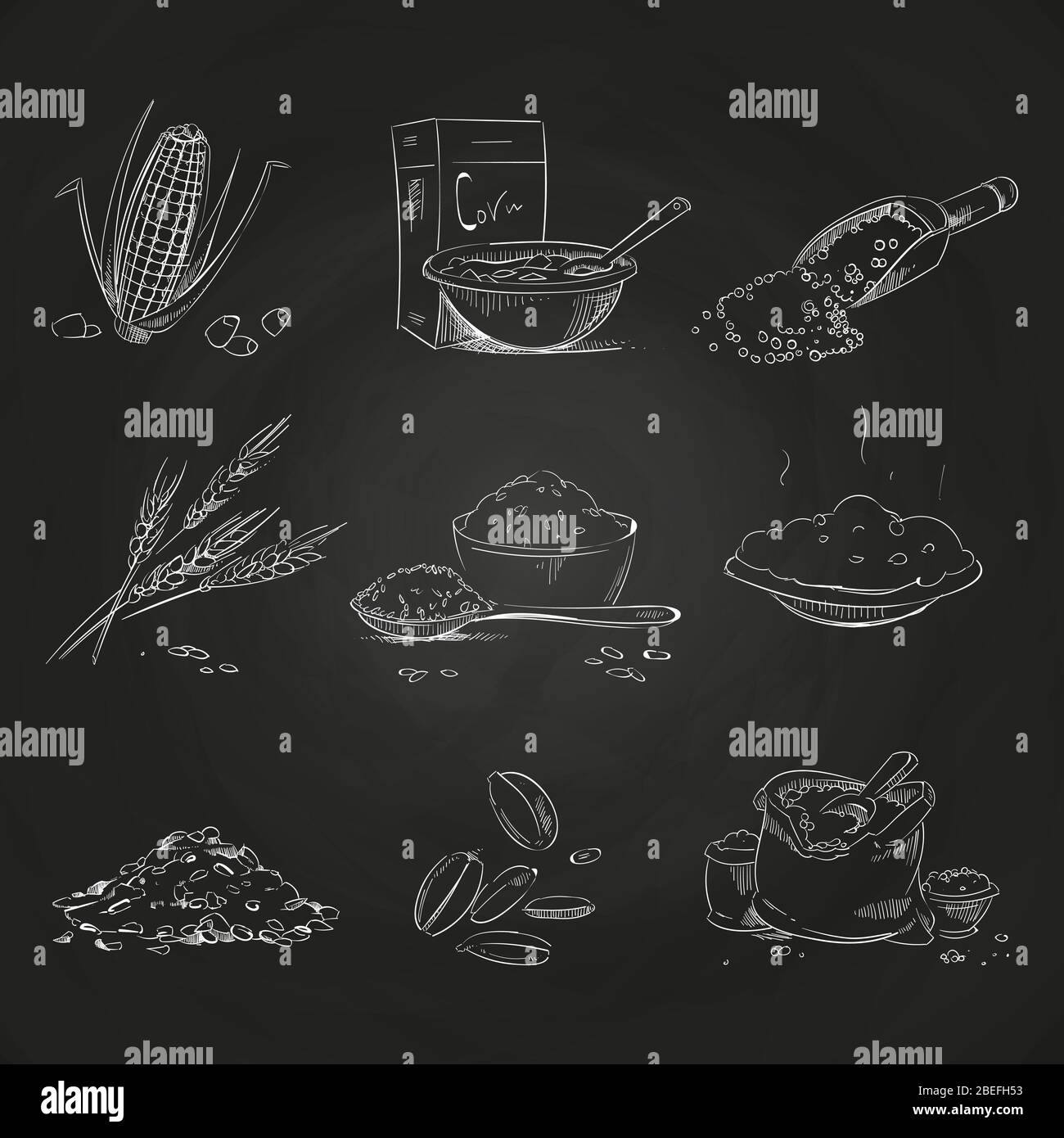 Doodle cereals groats and porridge, muesli and cornflakes, oat and rye, wheat and barley, millet and buckwheat, rice and corn on blackboard. Vector illustration Stock Vector