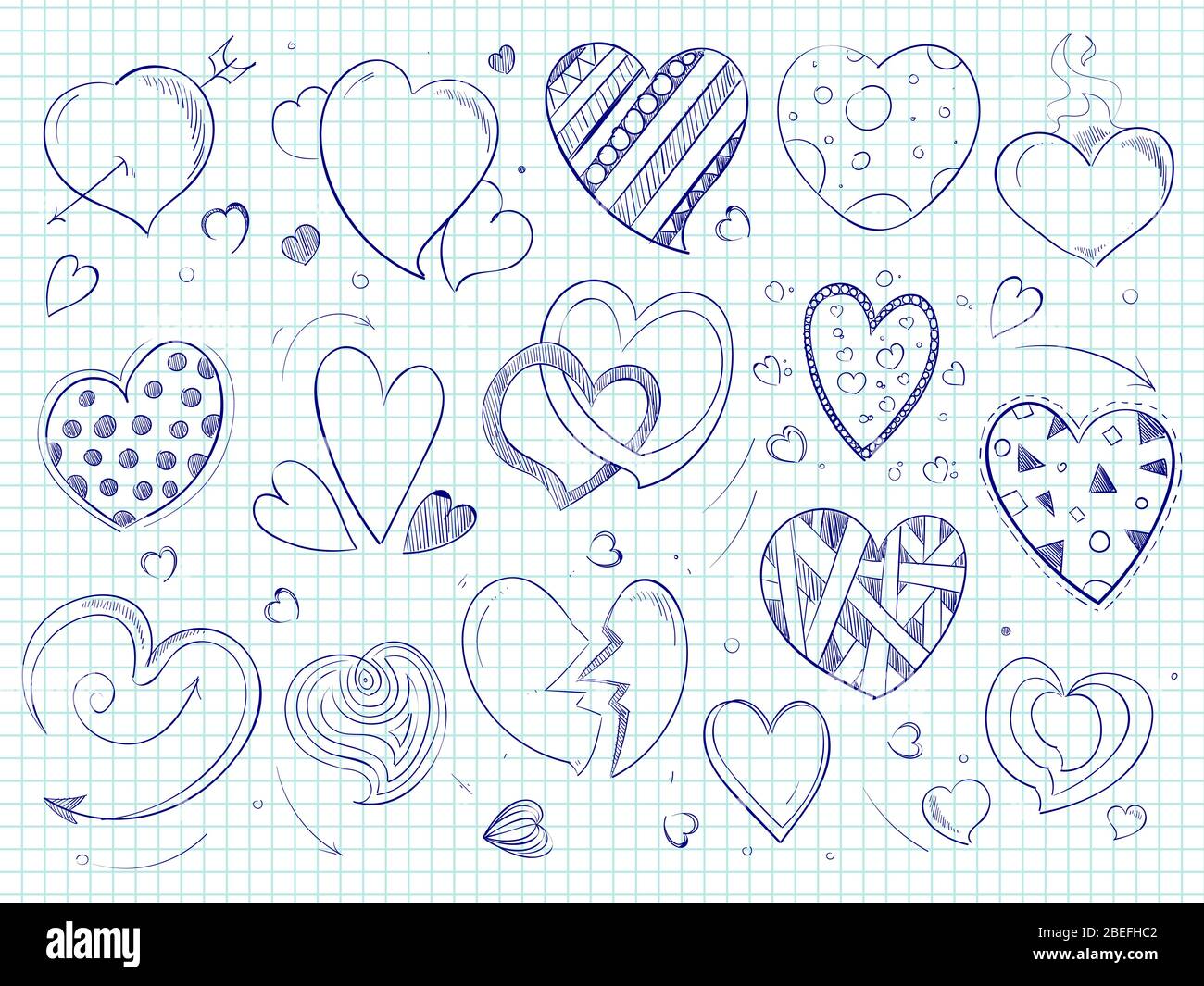 Cute doodle hearts, love ball pen drawn on notebook page. Vector illustration Stock Vector