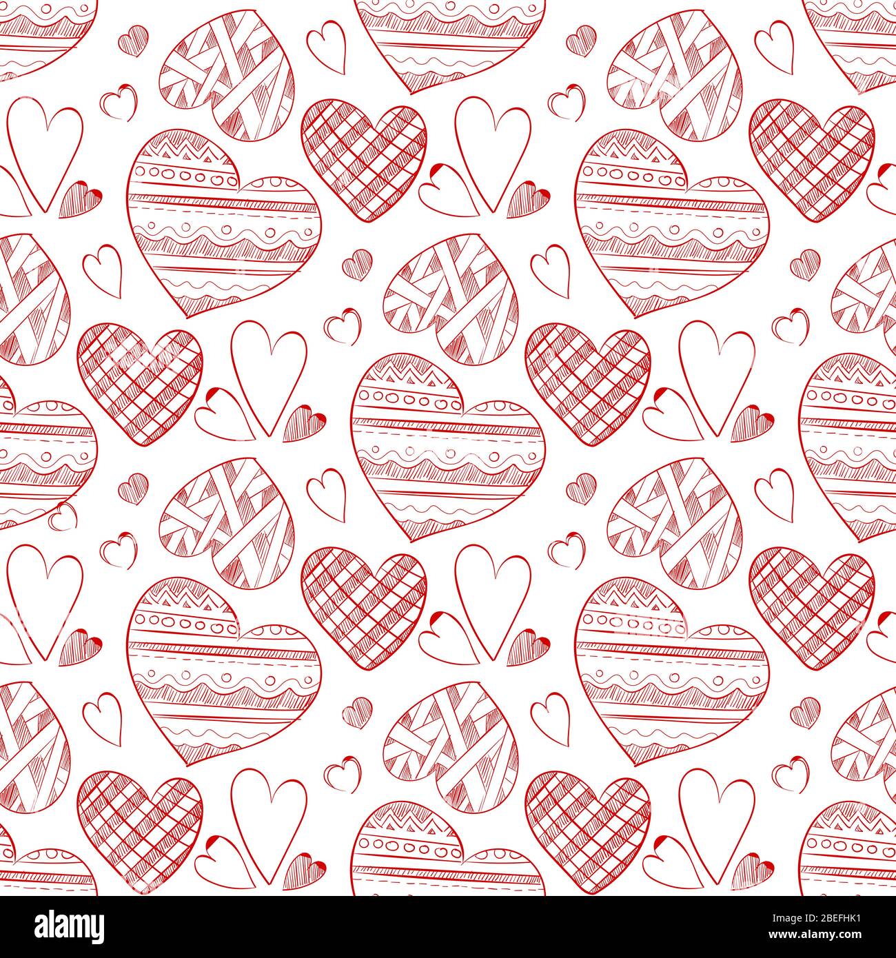 Red doodle hearts seamless pattern wallpaper background drawing, vector illustration Stock Vector