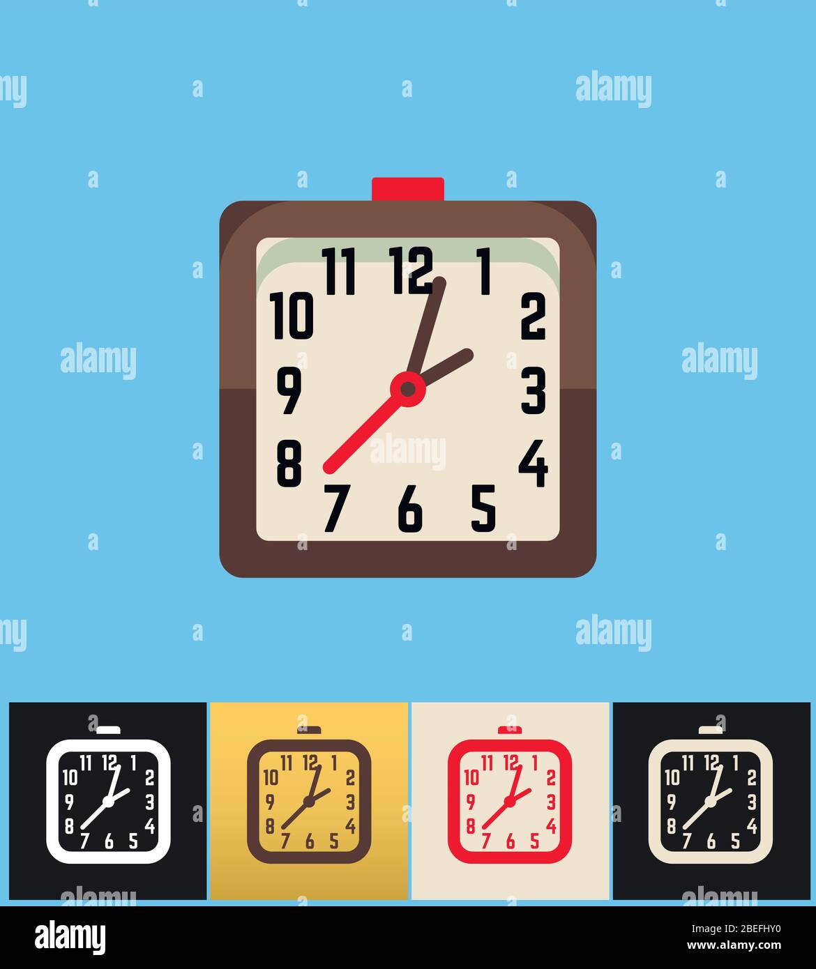 Clock icon. Flat vector illustration on different colored backgrounds. Brown square analog clock set icons Stock Vector