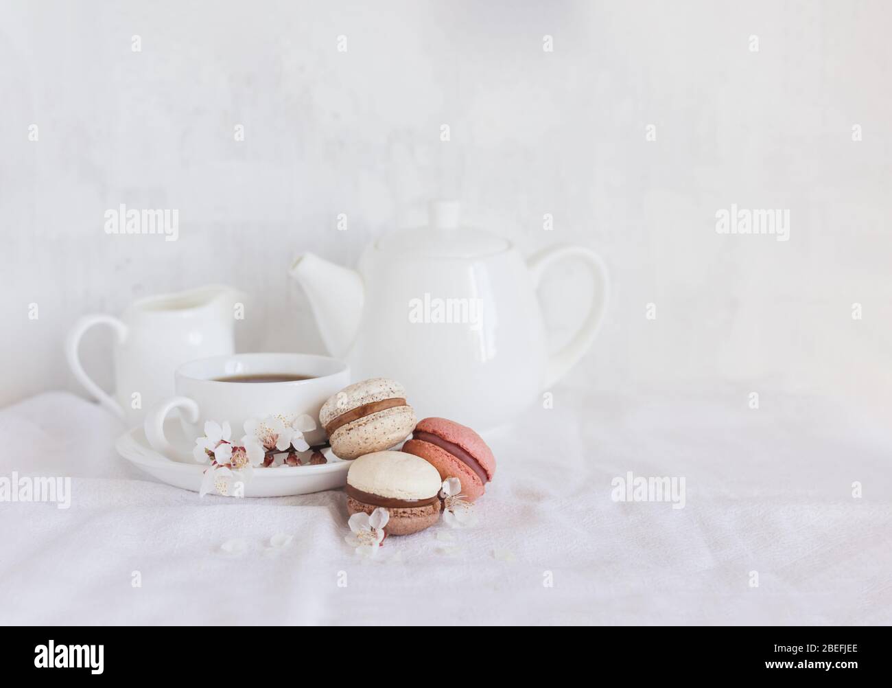 Tasty French macarons and a tea-set with blossoming branches on a white ...