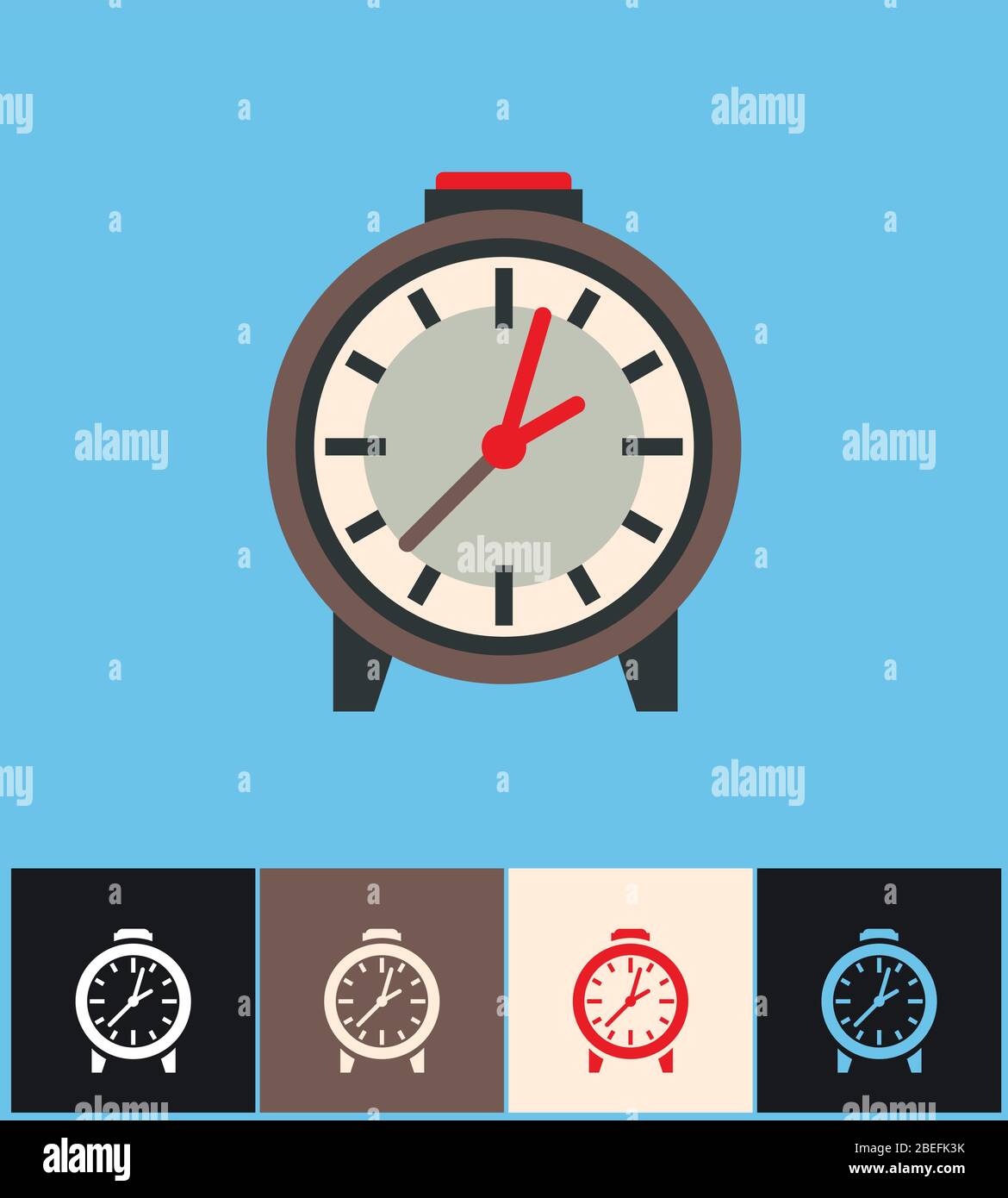 Clock icon. Flat vector illustration on different colored backgrounds. Brown analog clock set icons Stock Vector