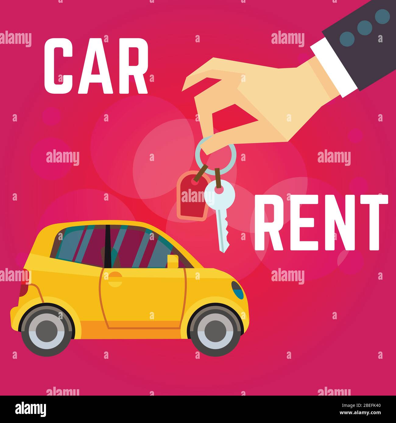 Car rent vector illustration. Flat-style yellow car, hand holding keys. Flat style on red background. Banner car rent business, automobile service Stock Vector