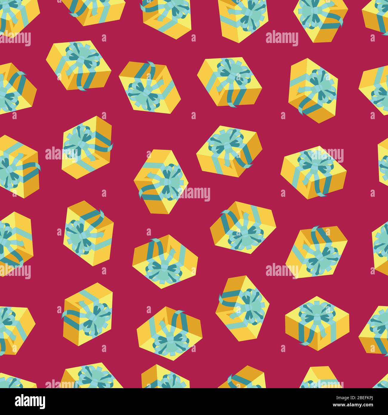 Seamless pattern with gold giftboxes on red background. Flat style vector illustration Stock Vector