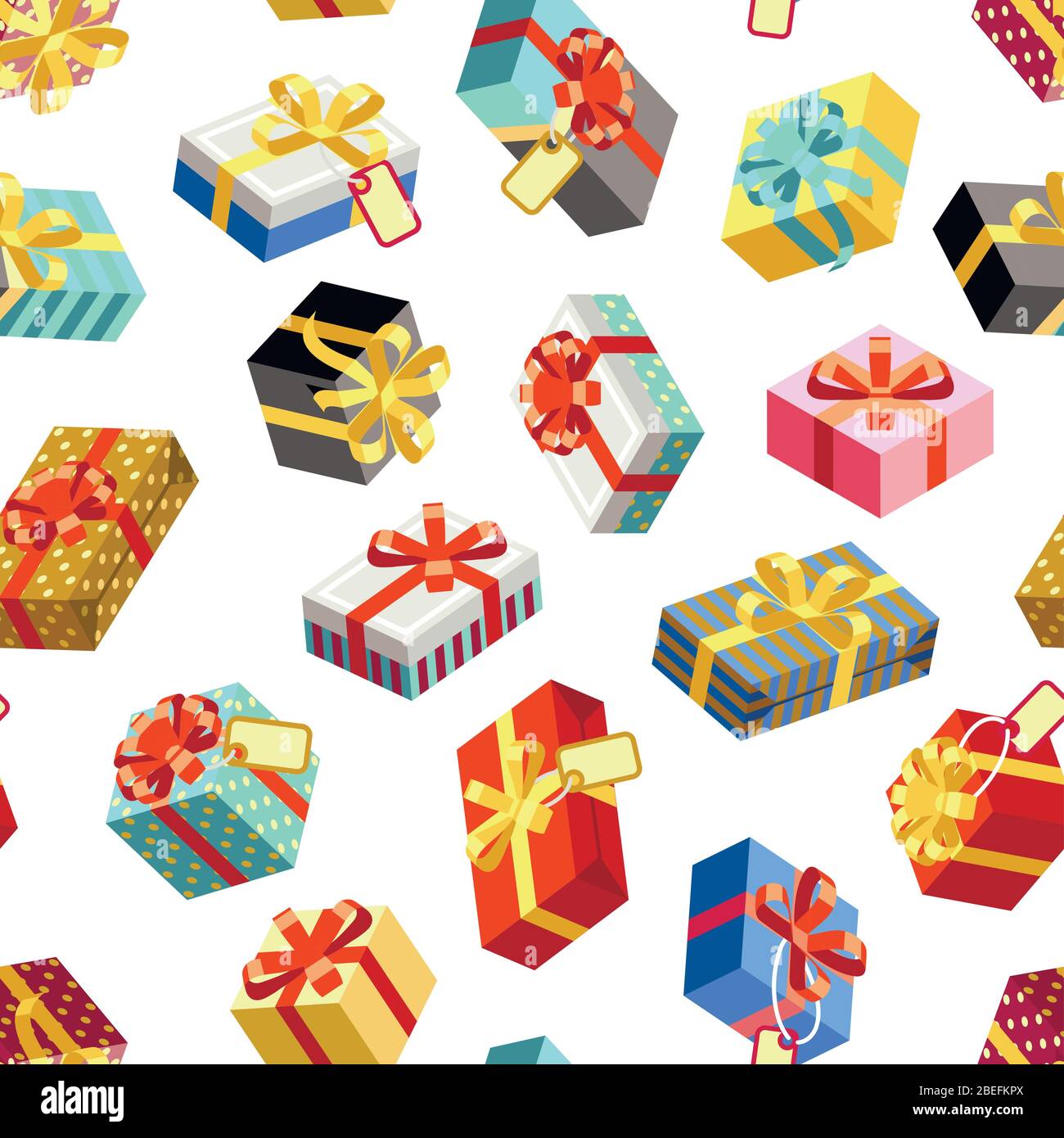 Seamless pattern with different giftboxes colored on white background. Flat-style vector illustration. Gift seamless pattern background, holiday birthday package gift box Stock Vector