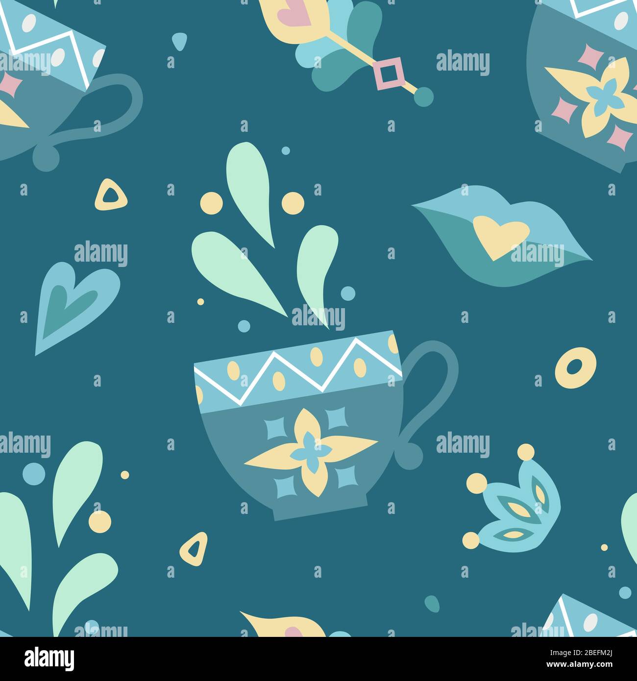 Vector bright seamless pattern with cups, hearts and decor elements ...