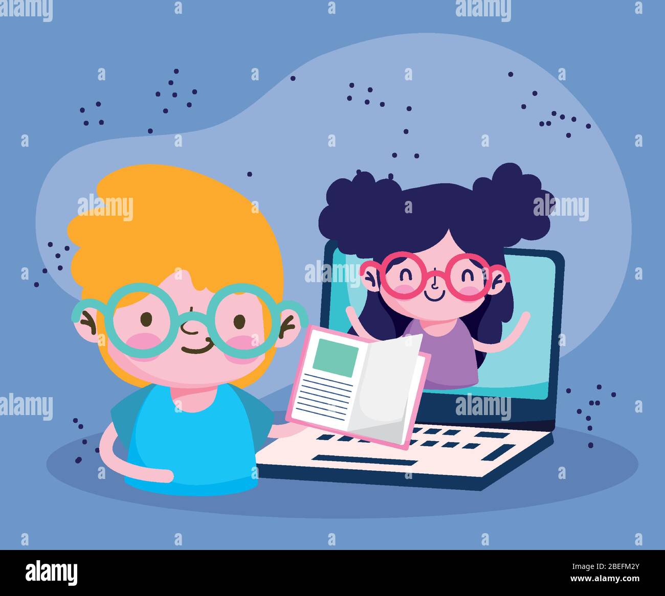 education online, student boy and girl in laptop with book vector ...