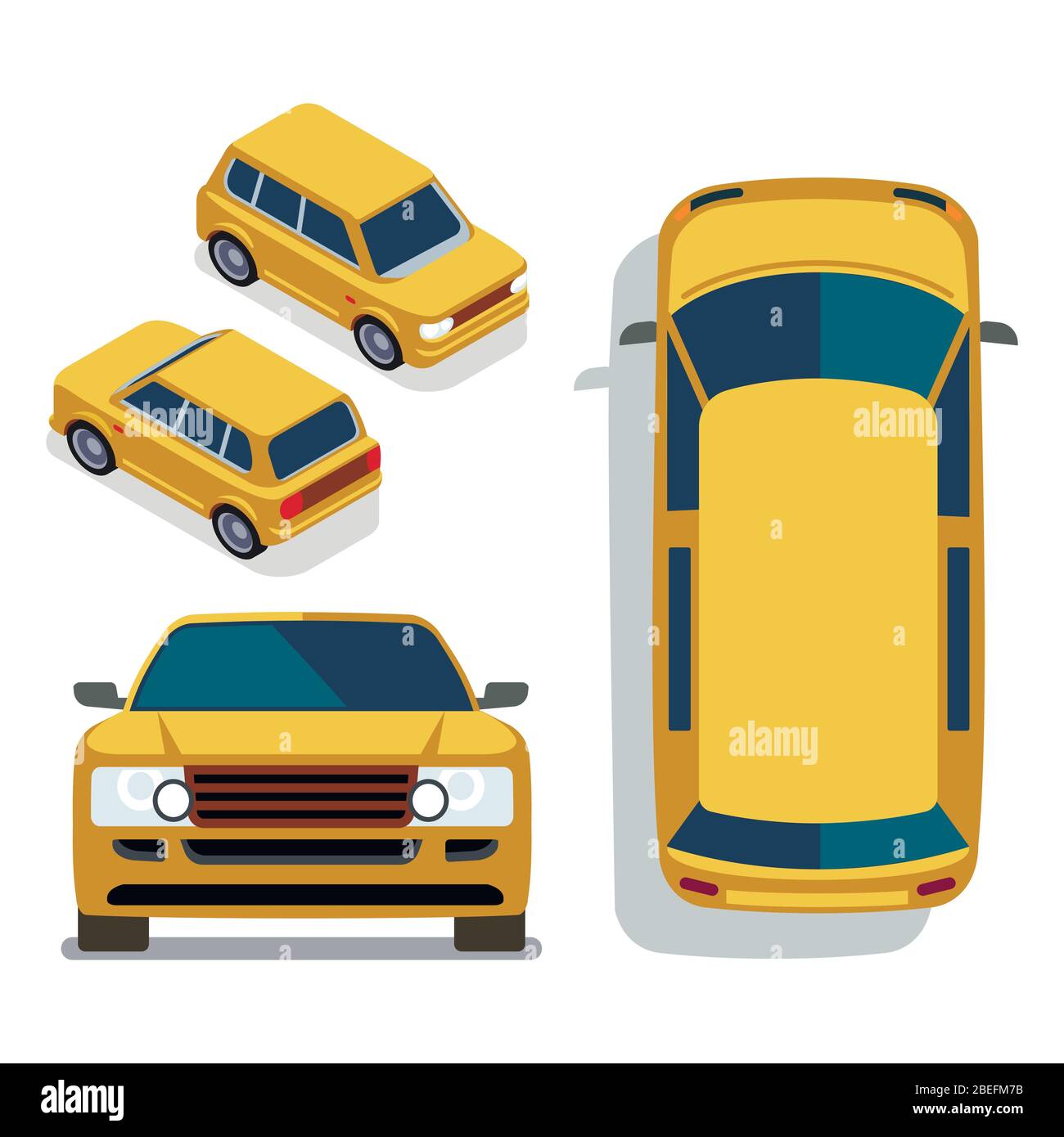 Vector flat-style cars in different views. Yellow isometric suv car illustration Stock Vector