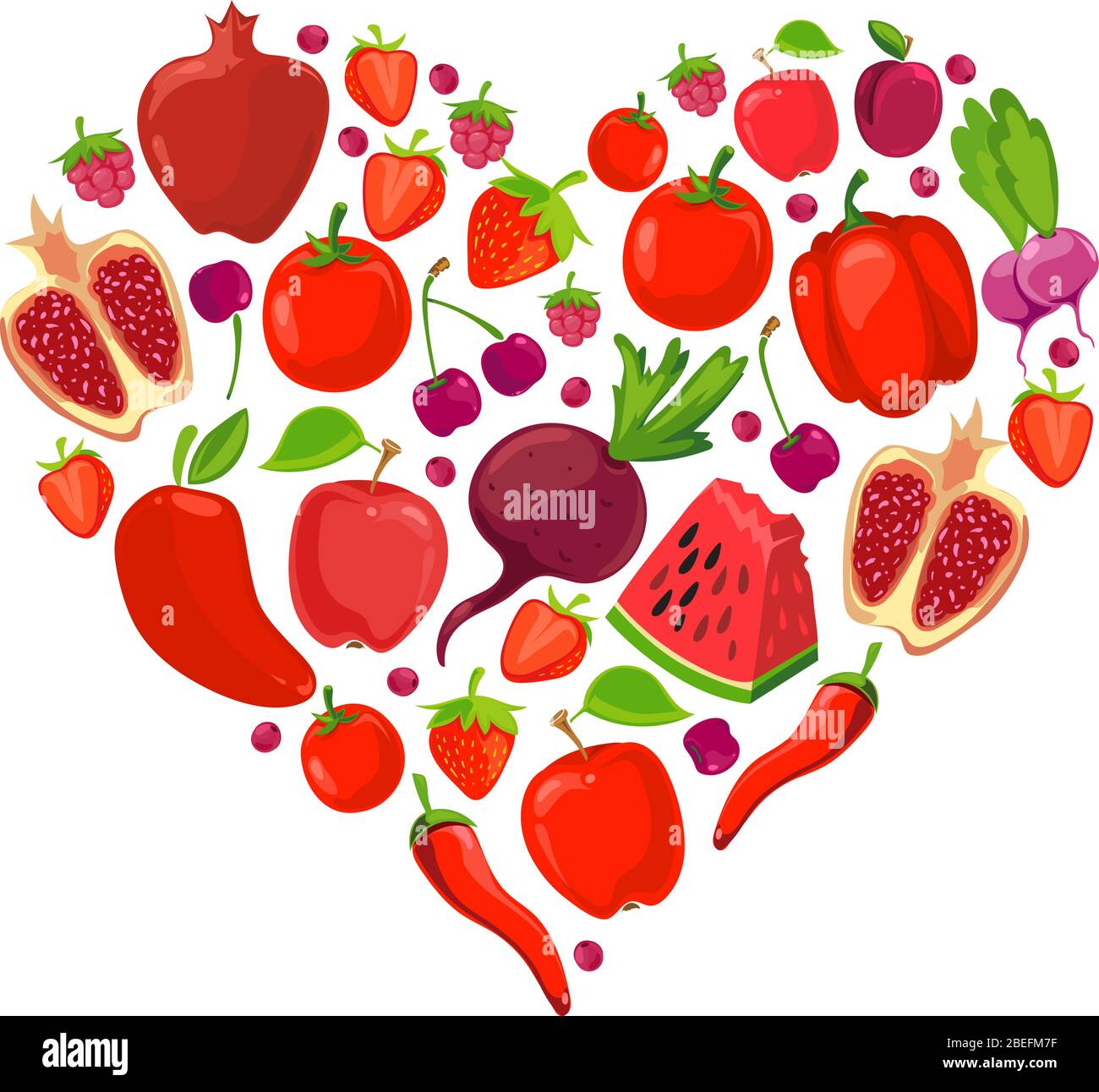 Heart shape of red fruits and vegetables. Healthy nutrition organic vector illustration Stock Vector