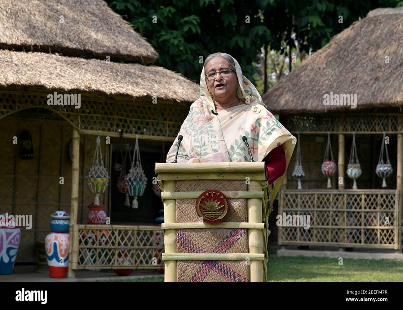 Dhaka, Bangladesh. 14th Apr, 2020. Bangladeshi Prime Minister Sheikh Hasina speaks in a televised address to the nation in Dhaka, Bangladesh, on April 13, 2020. The Bangladeshi government has unveiled a special insurance scheme and allowance for health professionals and other COVID-19 front line fighters including law enforcement officials. (PID/Handout via Xinhua) Credit: Xinhua/Alamy Live News Stock Photo