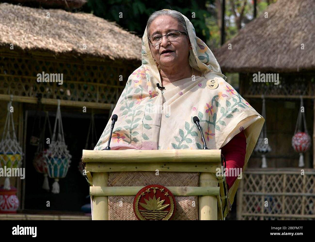 Dhaka, Bangladesh. 14th Apr, 2020. Bangladeshi Prime Minister Sheikh Hasina speaks in a televised address to the nation in Dhaka, Bangladesh, on April 13, 2020. The Bangladeshi government has unveiled a special insurance scheme and allowance for health professionals and other COVID-19 front line fighters including law enforcement officials. (PID/Handout via Xinhua) Credit: Xinhua/Alamy Live News Stock Photo