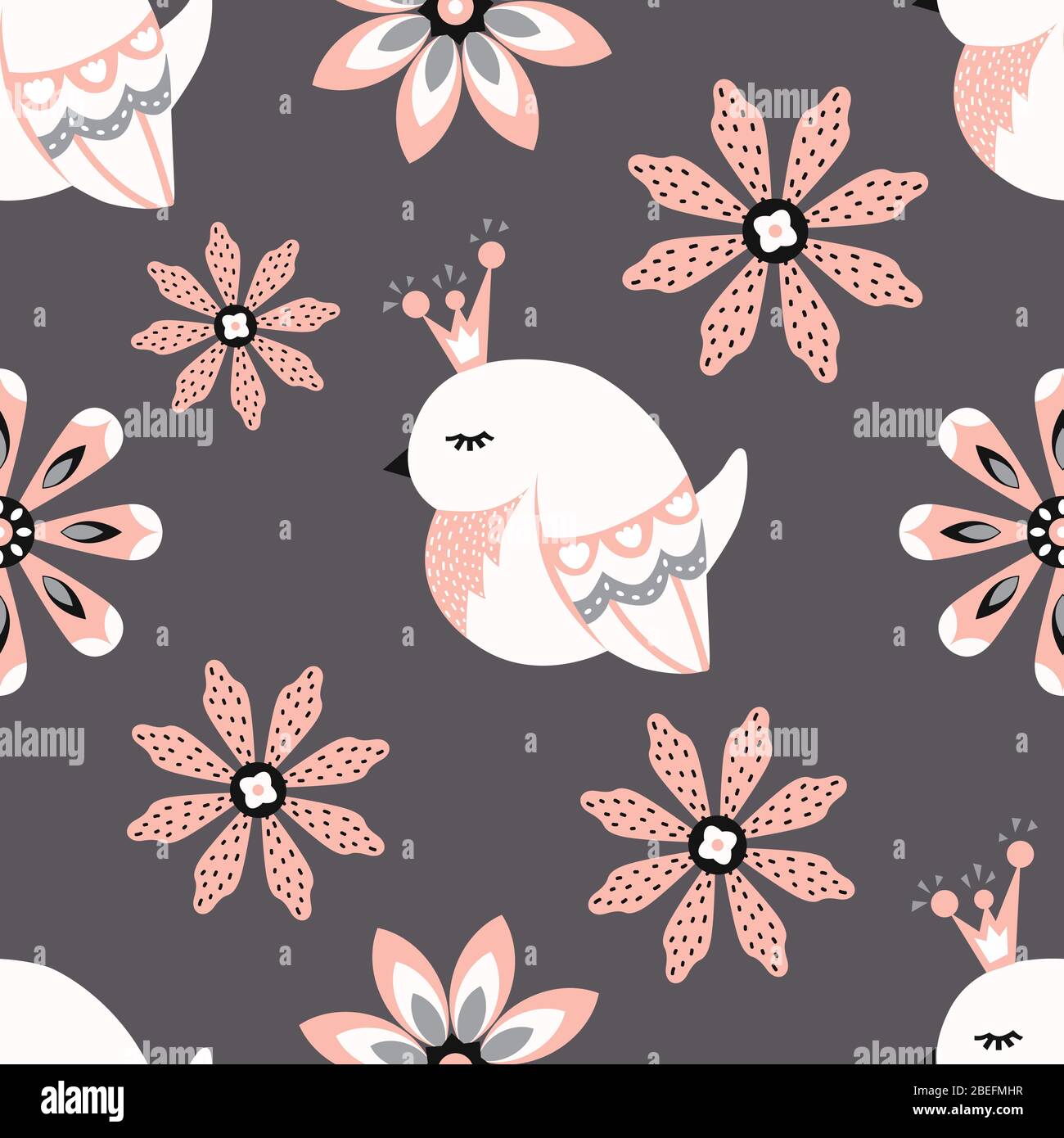 Vector seamless pattern with birds and flowers on the dark background ...