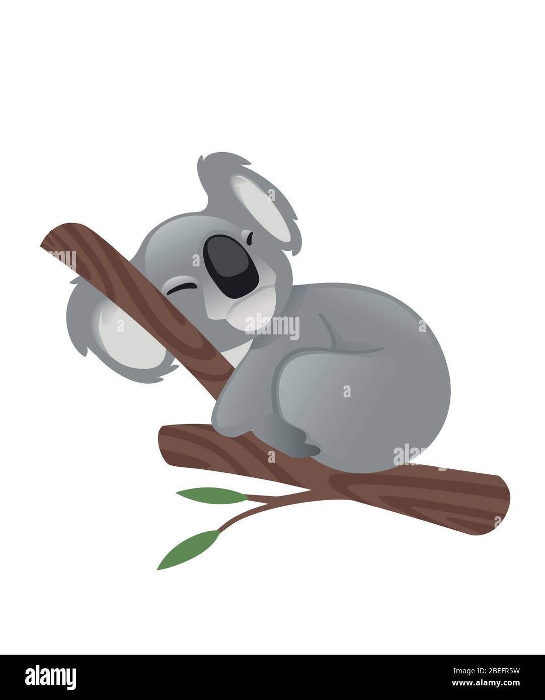 Cute Grey Koala Bear Sit On Wood Branch With Green Leaves Cartoon Animal Design Flat Vector Illustration Isolated On White Background Stock Vector Image Art Alamy