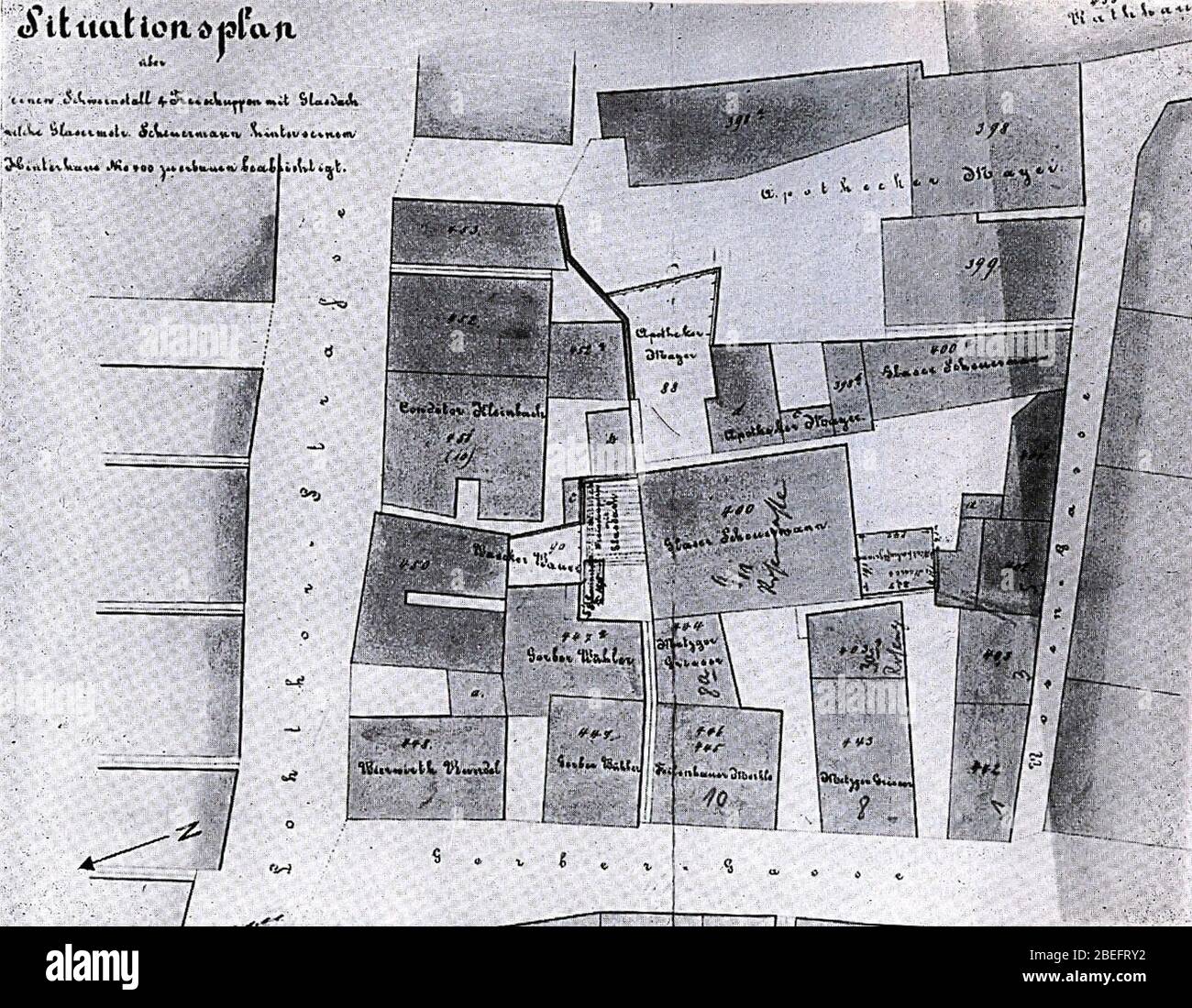Heilbronn, Mayer'sche Apotheke zur Rose, Rosengasse 5 und 9, Situationsplan  von 1869 Stock Photo - Alamy