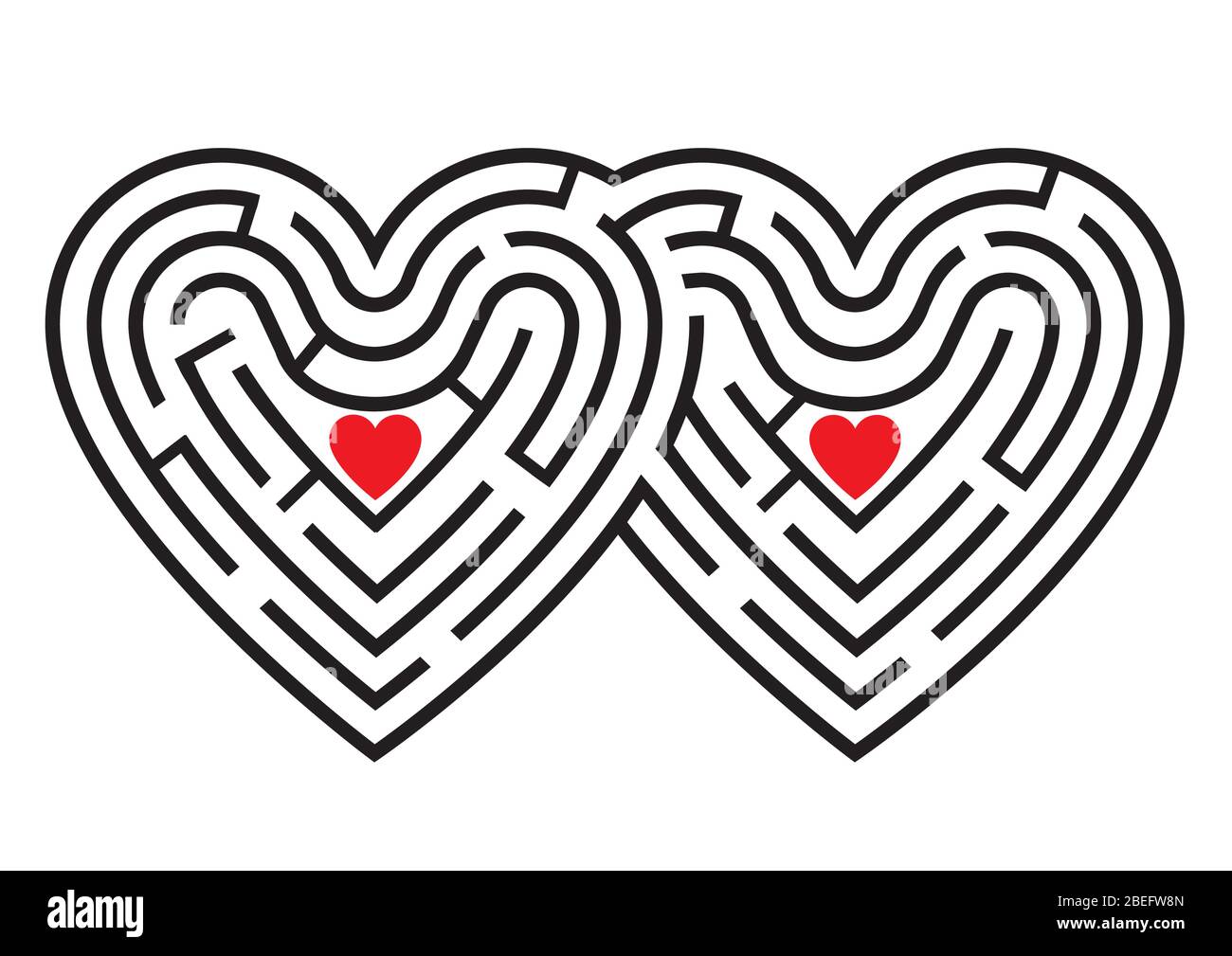 Two hearts maze, game. The labyrinth in the shape of two linked hearts. Isolated on white background. Vector available. Stock Vector