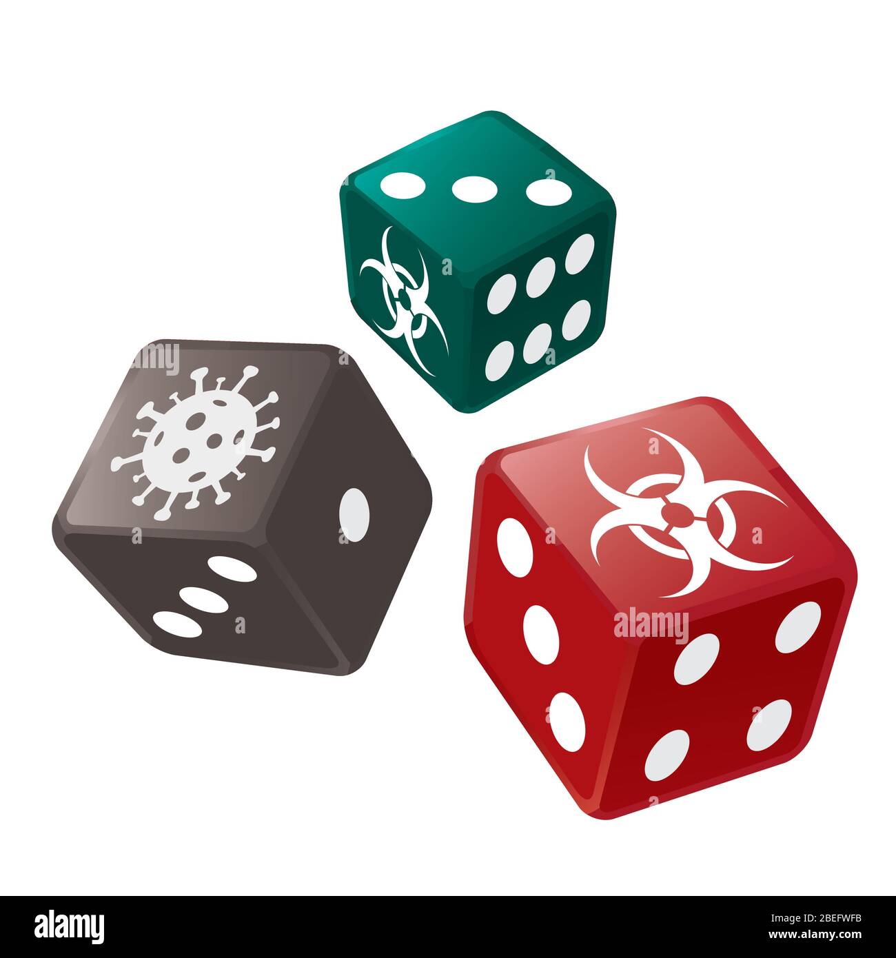 Casino Dice with biohazard and coronavirus symbols. Illustration of three colorful dices on red background. Vector available. Stock Vector