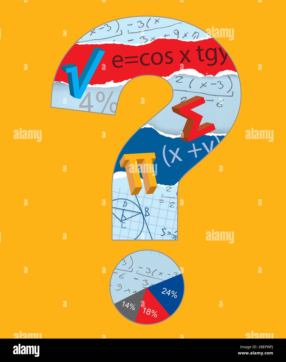 Mathematics, question mark. Illustration of Mmathematical symbols inside the question mark on the orange background. Vector available. Stock Vector
