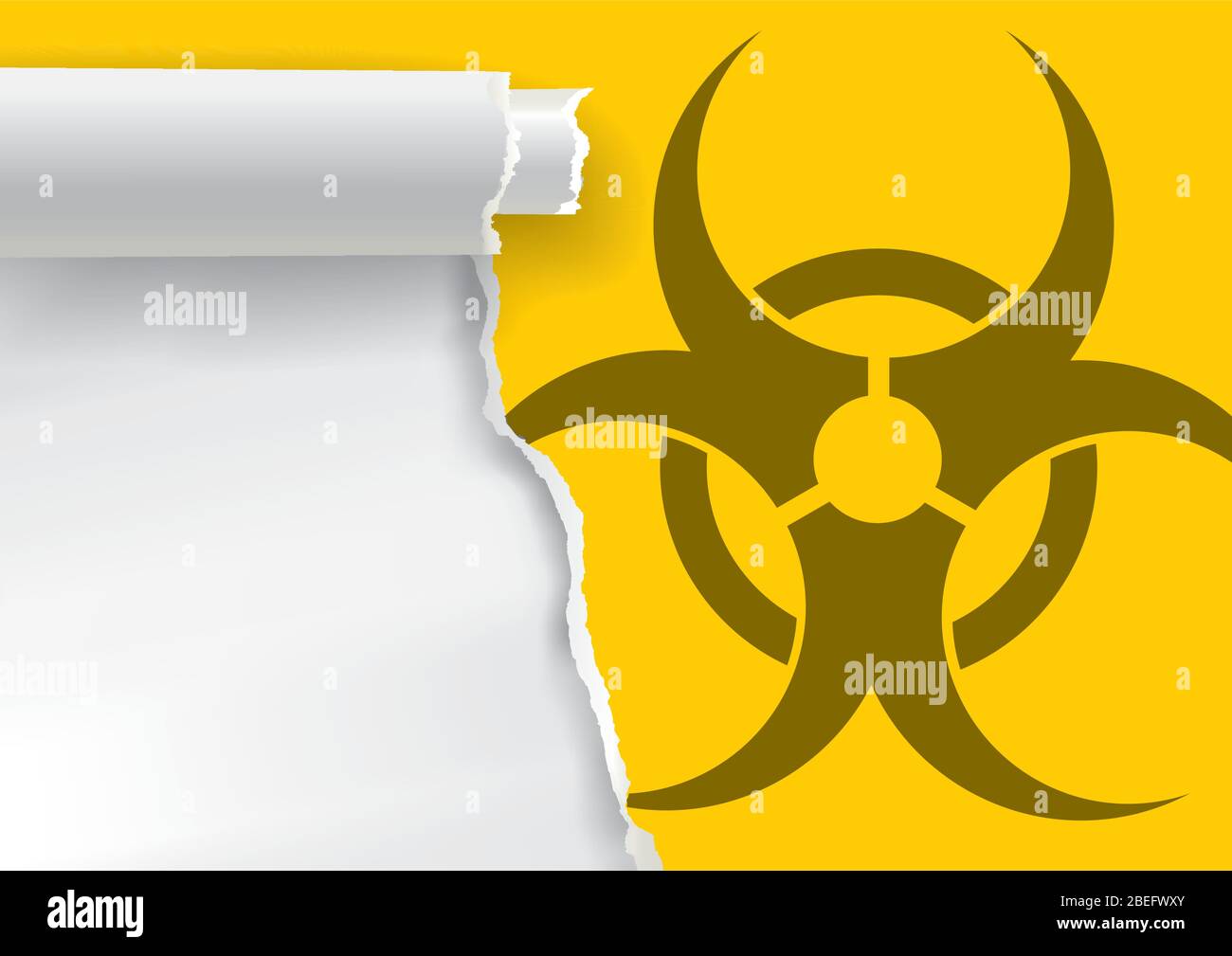 Ripped paper with biohazard symbol. Illustration of yellow torn paper backround with biohazard icon. Template for banner, place for your text or im Stock Vector