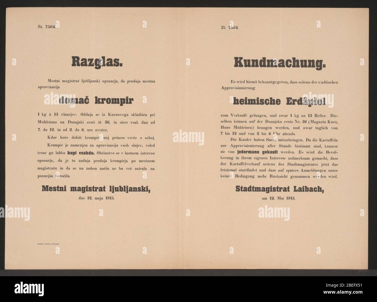 Heimische Erdäpfel - Kundmachung - Laibach - Mehrsprachiges Plakat 1915. Stock Photo