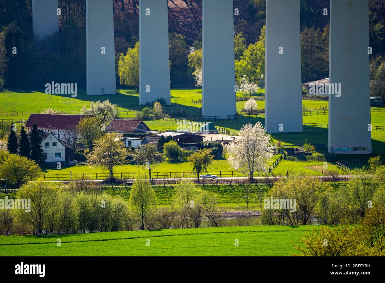 Landscape near MŸlheim an der Ruhr, district of Mintard, fields in spring, Ruhr dyke, Ruhr valley bridge, Germany, Stock Photo