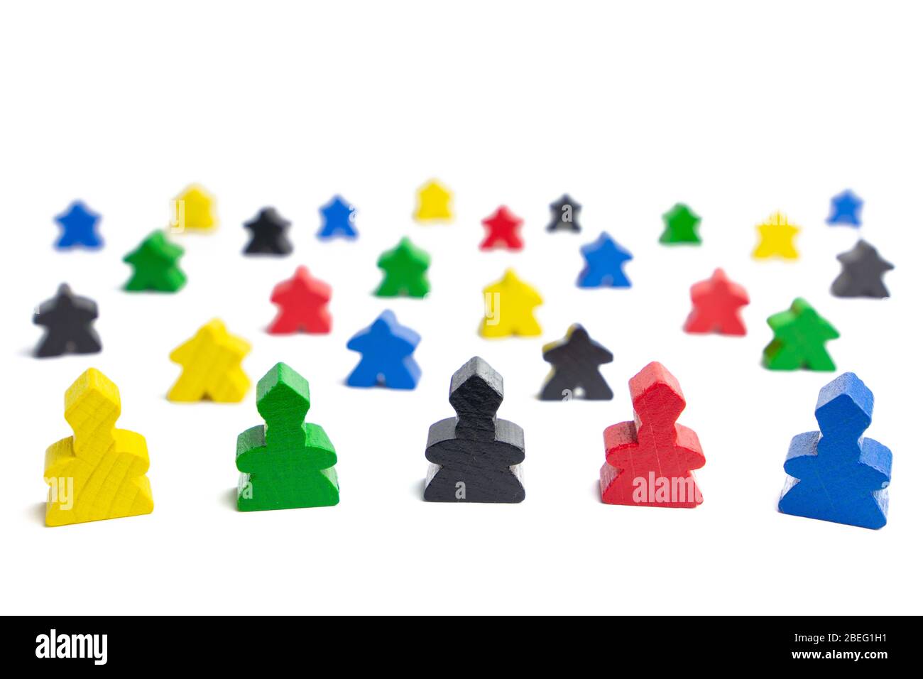 The concept of government or parliament. Four leaders in front of subordinates. Colorful game components Stock Photo