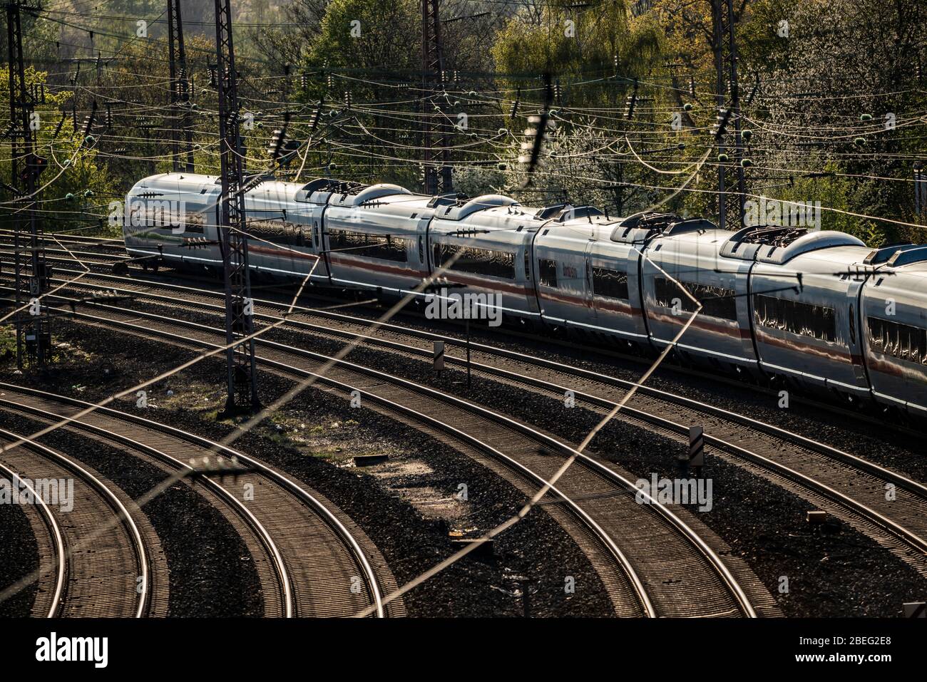 Railway, tracks, rails, infrastructure, overhead lines, ICE train,  railway line between Essen and Duisburg, Germany, Stock Photo