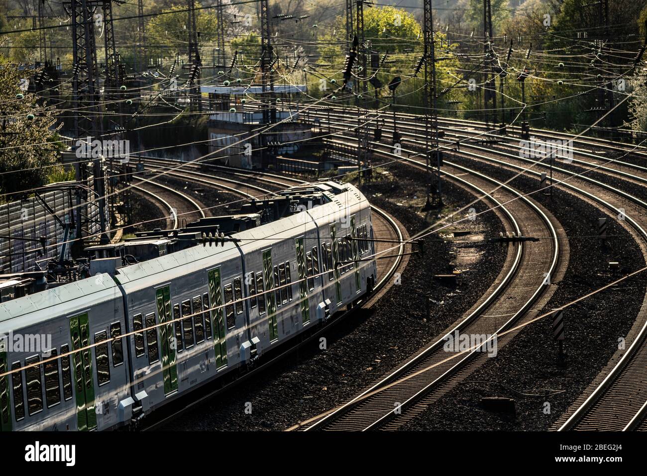 Railway, tracks, rails, infrastructure, overhead lines, local train, railway line between Essen and Duisburg, Germany, Stock Photo