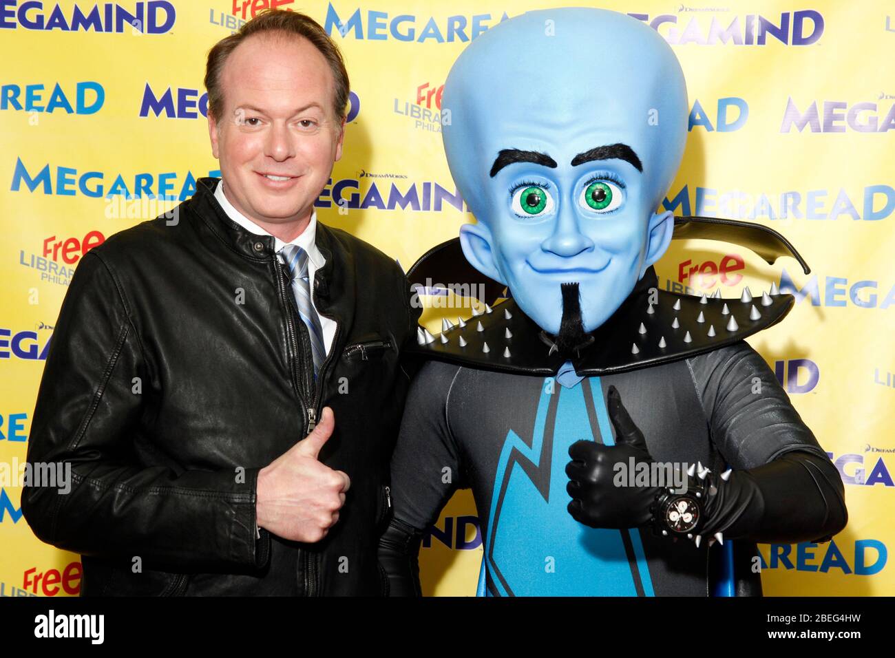 Director Tom McGrath pictured with Megamind from his new film Megamind at the Free Library in Philadelphia on October 19, 2010    Credit: Scott Weiner/MediaPunch Stock Photo