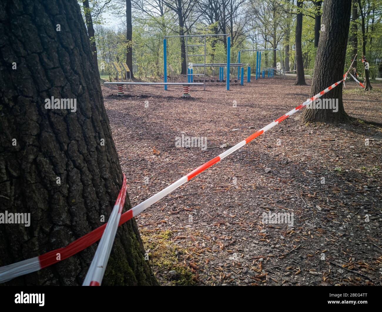 Outdoor workout trainings grounds blocked with barrier tape during Corona pandemic lockdown on Easter Monday 2020 in Regensburg, Bavaria, Germany Stock Photo