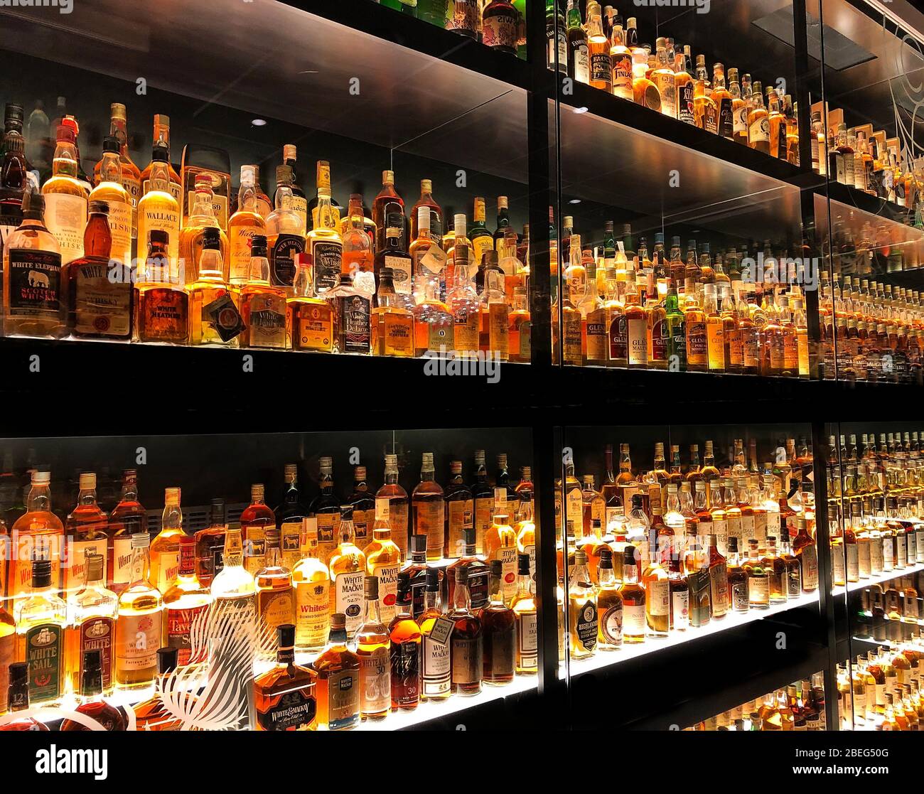 Edinburgh, Scotland - May 12, 2019: The Diageo Claive Vidiz Collection of 3.384 bottles of whiskey, displayed at the Scotch Whisky Experience. Stock Photo