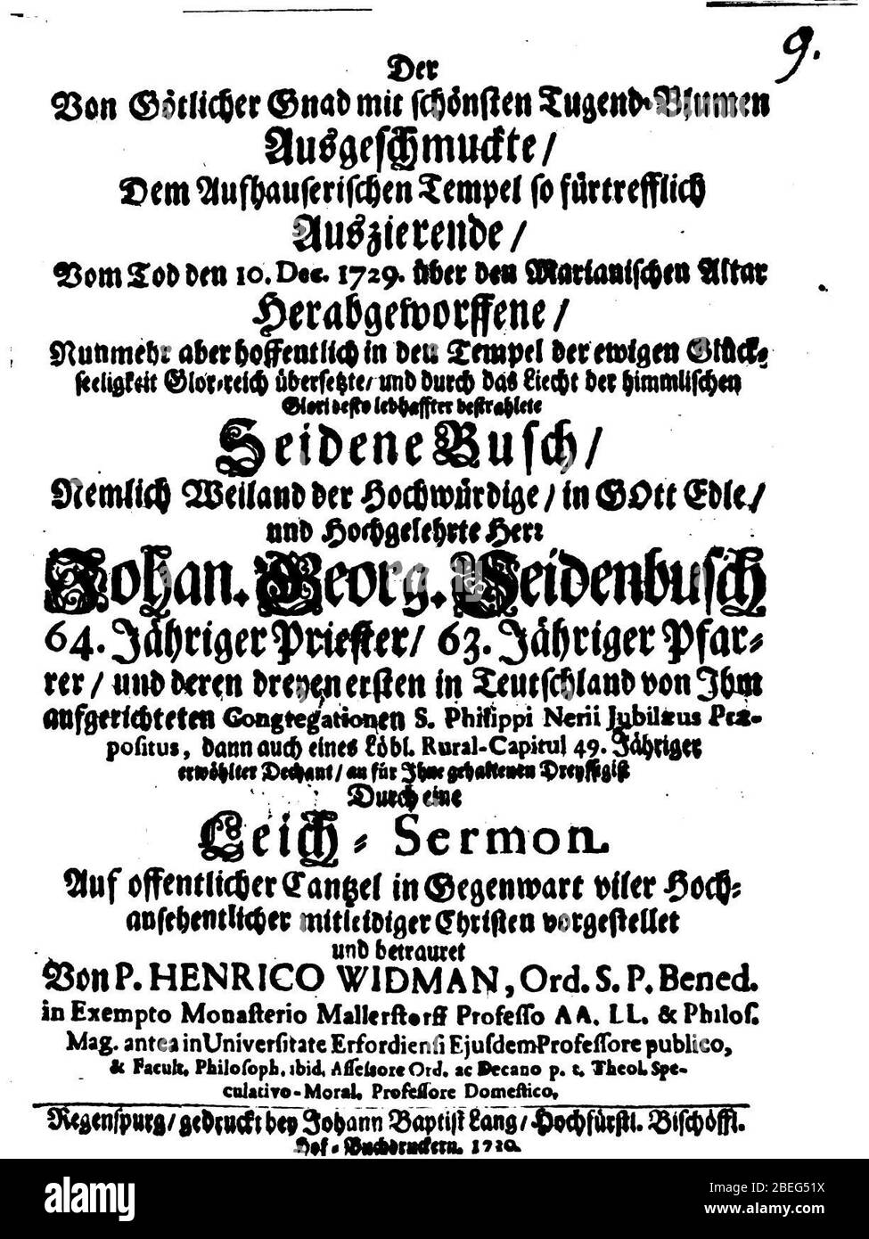 Heinrich Widmann Leich-Sermon Seidenbusch. Stock Photo