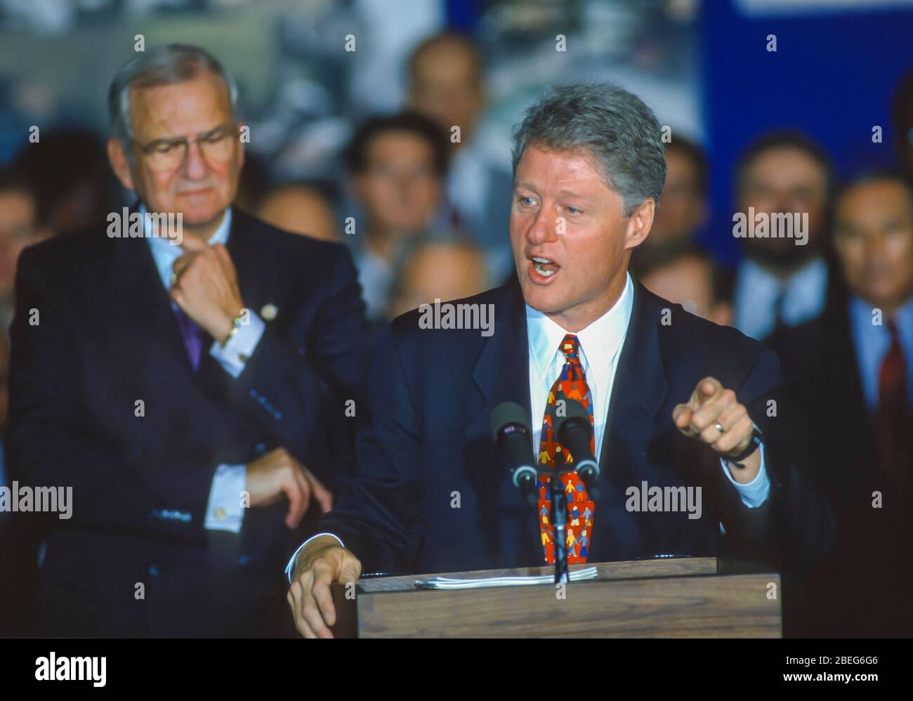WASHINGTON, DC, USA, OCTOBER 20, 1993: President Bill Clinton speaks during NAFTA Day at White House. Lee Iacoca at left. Stock Photo