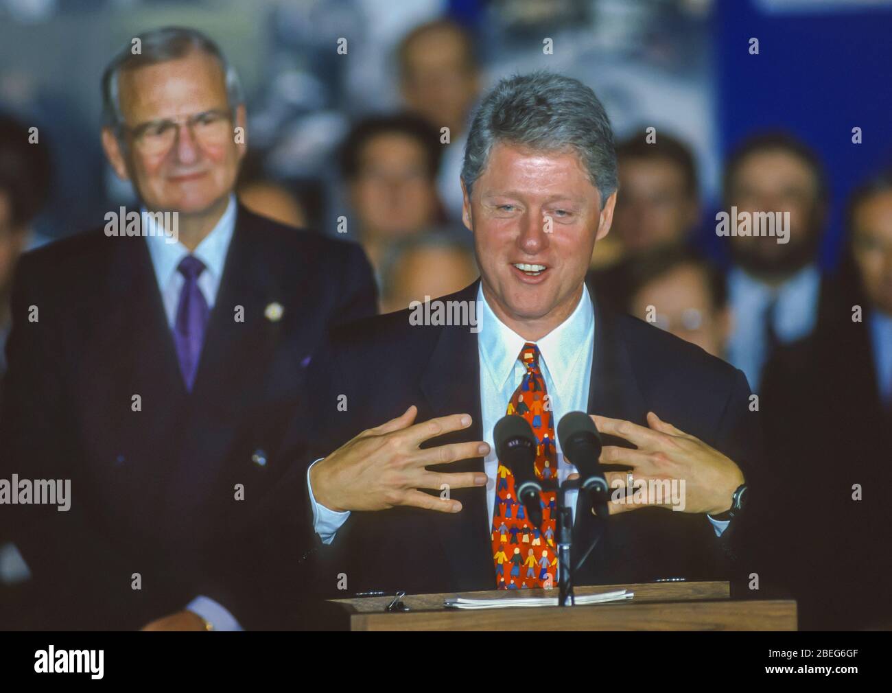 WASHINGTON, DC, USA, OCTOBER 20, 1993: President Bill Clinton speaks during NAFTA Day at White House. Lee Iacoca at left. Stock Photo