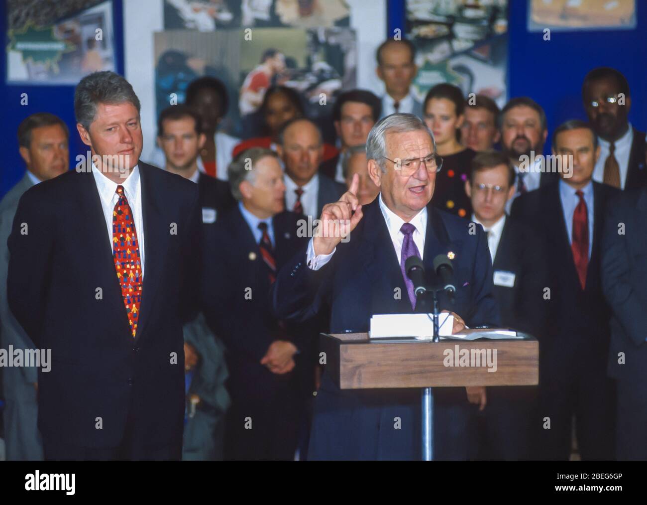 WASHINGTON, DC, USA, OCTOBER 20, 1993: Lee Iacocca speaks at President Bill Clinton, left, looks on during NAFTA Day at White House. Stock Photo