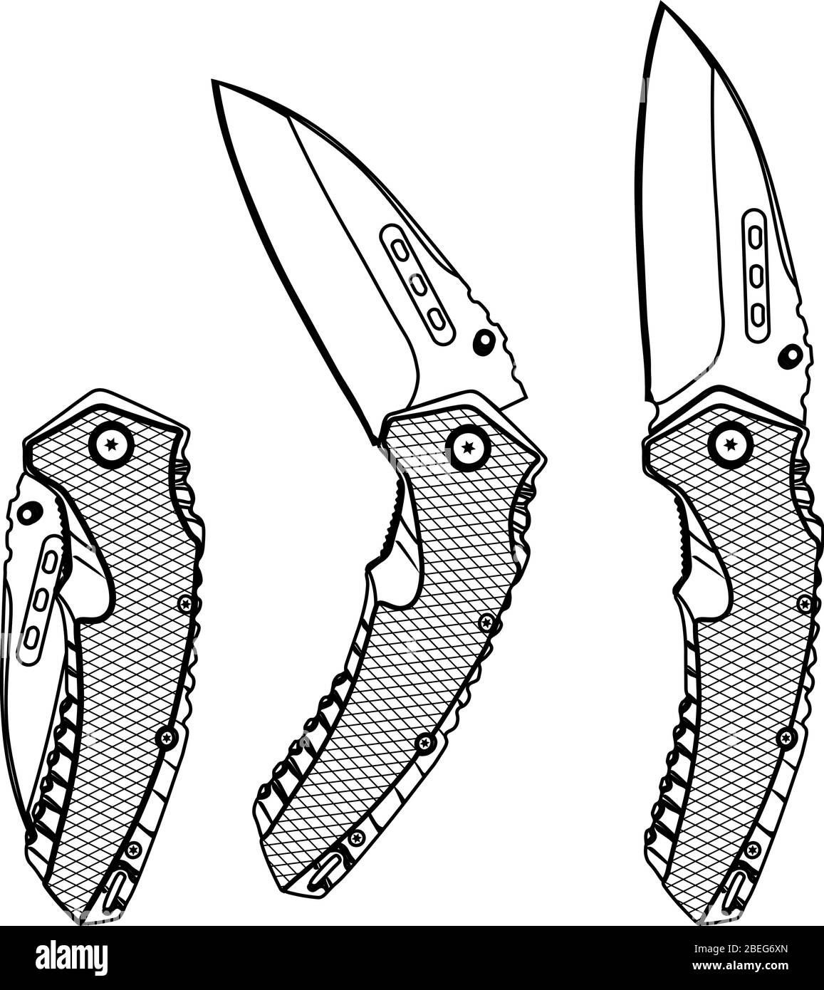 Isolated contour illustration of folding knife in three different positions Stock Vector