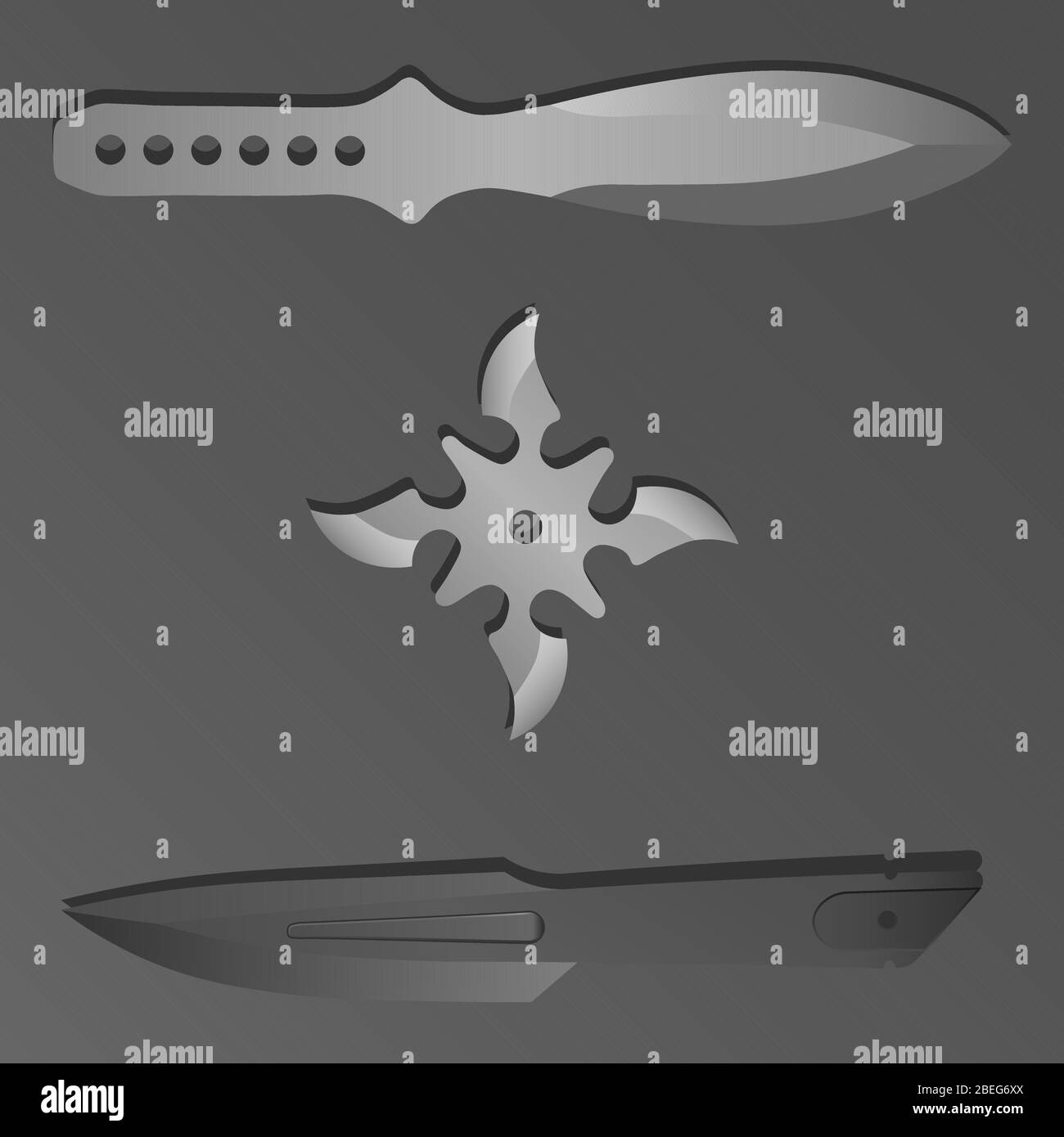 Illustration of two realistic throwing knives and shuriken on grey background Stock Vector