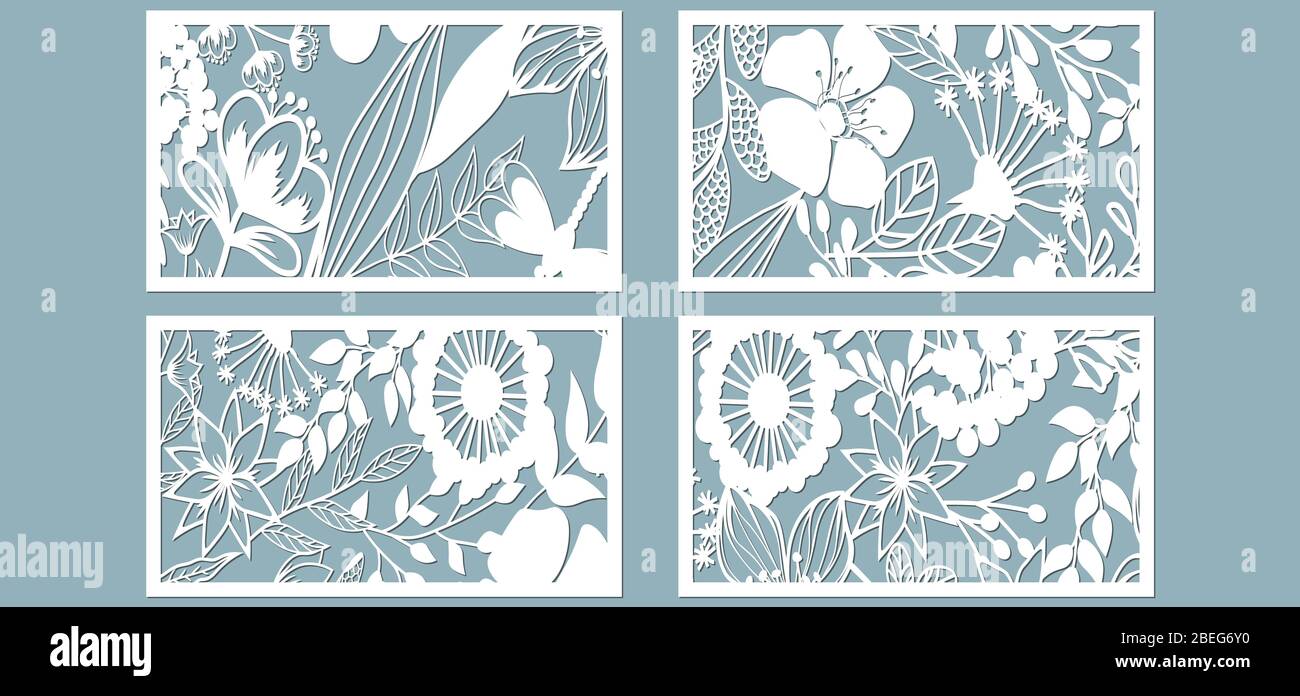 Set template for laser cutting and Plotter. Flowers, leaves for decoration. Vector illustration. Sticker set. Pattern for the laser cut, serigraphy, p Stock Vector