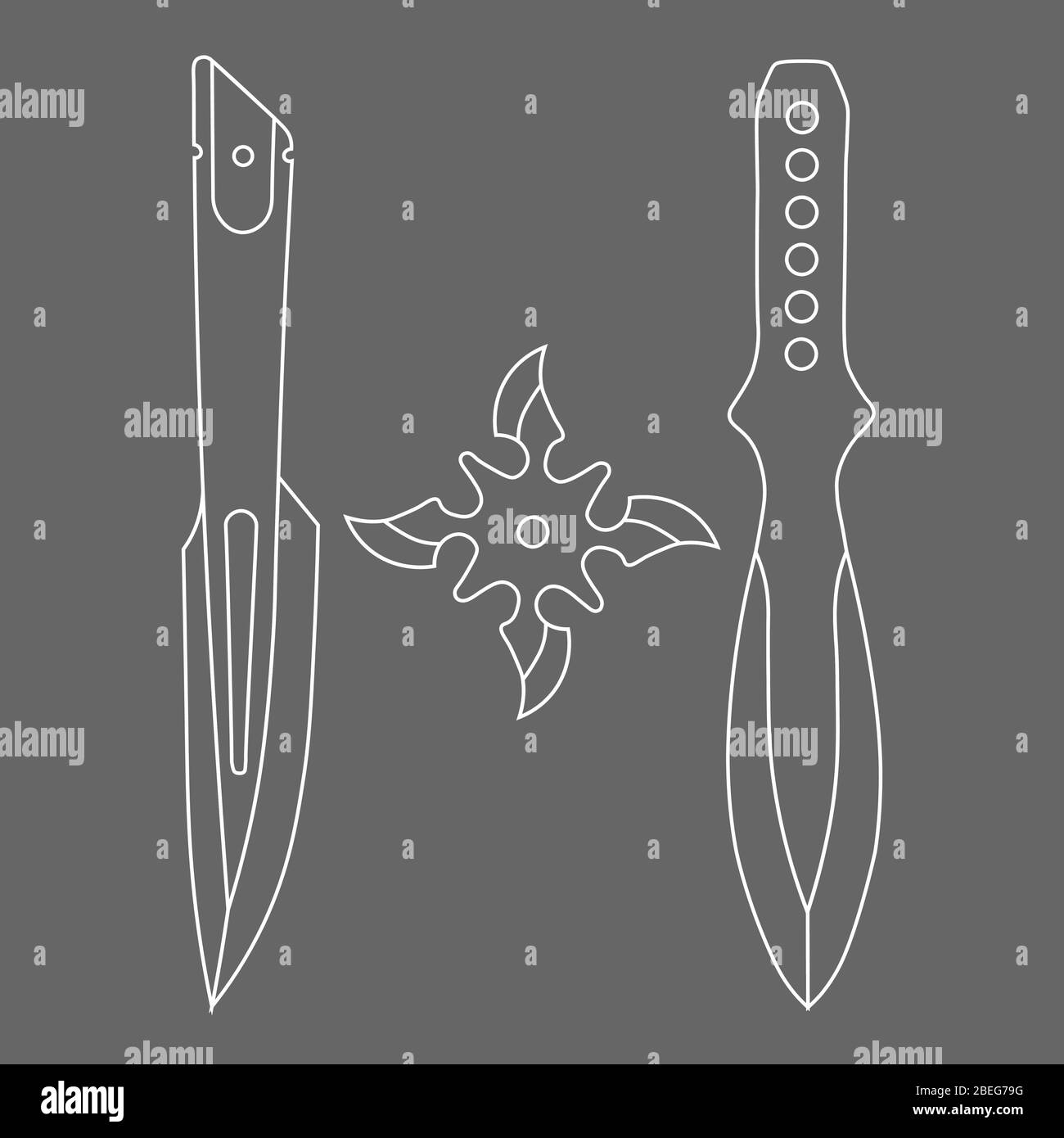 Illustration of two contour throwing knives and shuriken on grey background Stock Vector