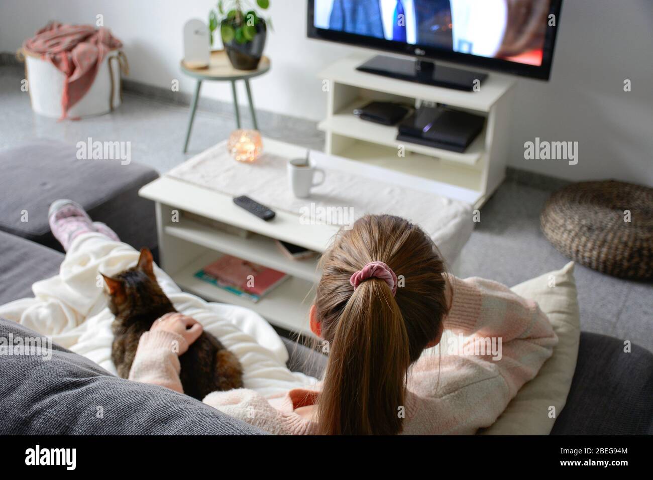 Domestic life with pet. A young woman is sitting on the couch with her cat on her lap in the living room. She watches TV while stroking her cat. Stock Photo