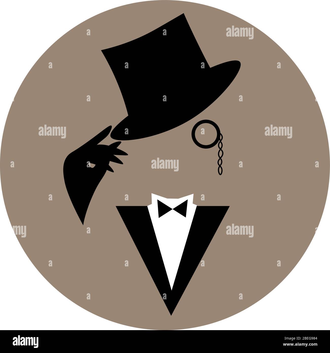 Minimal illustration of faceless vintage gentleman in tuxedo and hat with monocle and black gloves Stock Vector