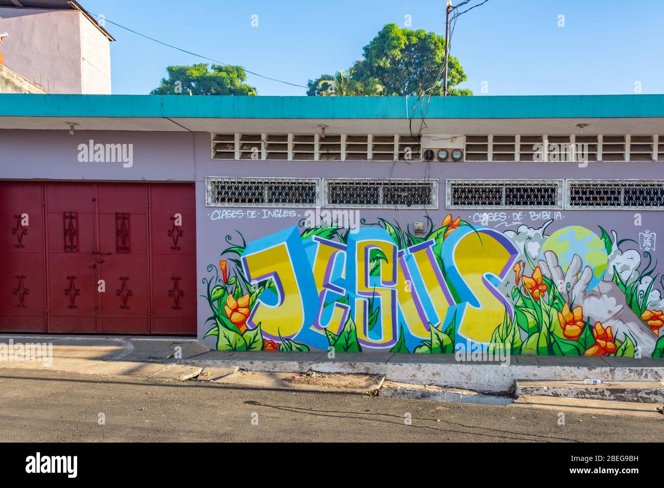 Uplifting Ministries facility in Guatemala with colorful graphic street art Stock Photo