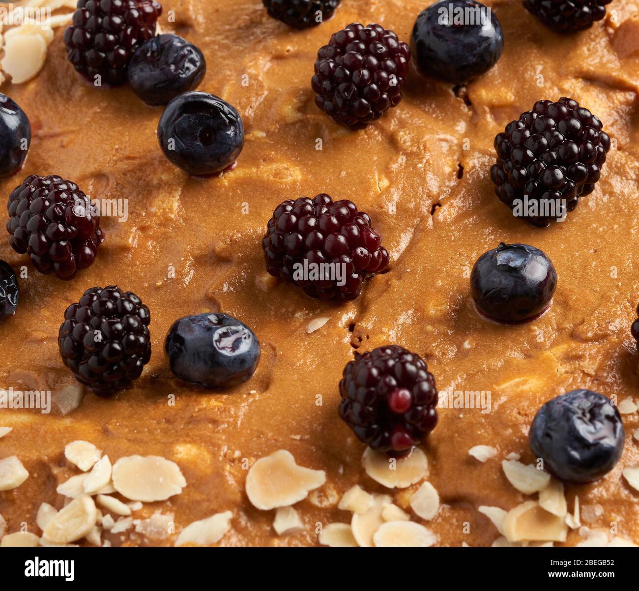 meringue pie texture decorated with berries, full frame, close up Stock ...