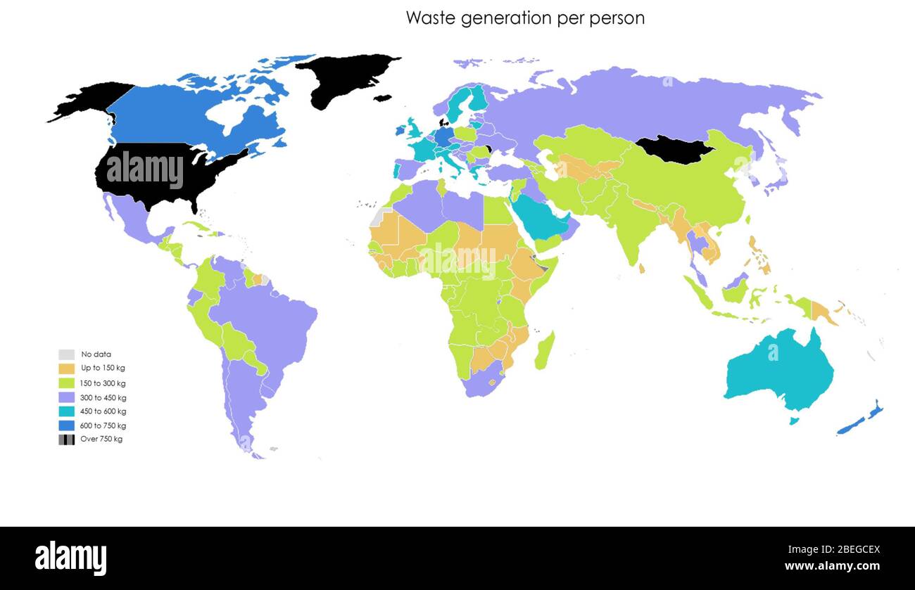 A map showing waste generation per person, in kilograms. Data from 2016. The United States is currently one of the top per capita producers of trash. The World Bank estimates that by 2050 Europeans and North Americans will generate 25% more waste, while trash generation will double in South Asia and triple in sub-Saharan Africa. It is estimated that by the middle of the century, the world will be producing 3.4 billion tons of waste. Stock Photo