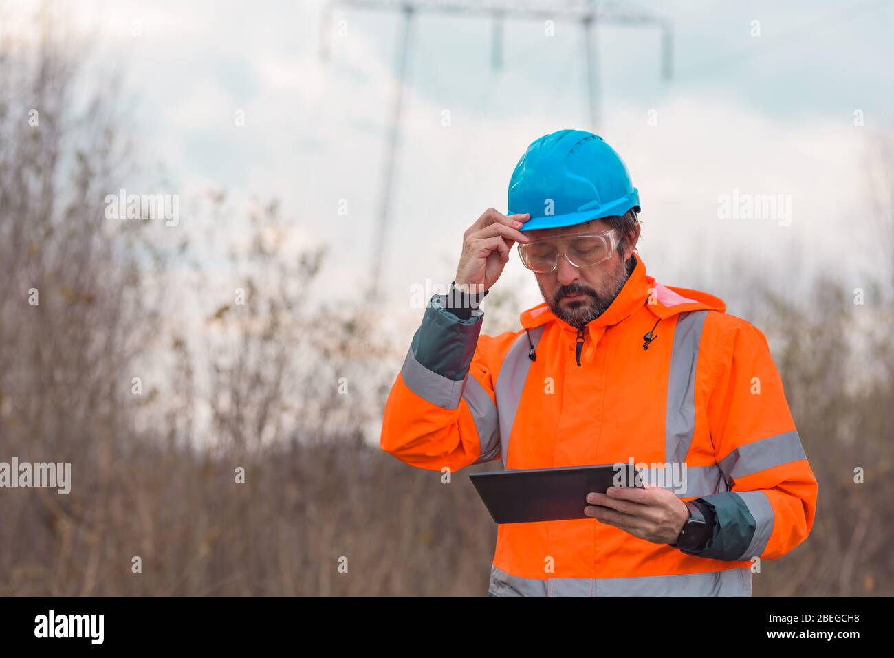 Forestry technician using digital tablet in forest to collect the data for analysis Stock Photo