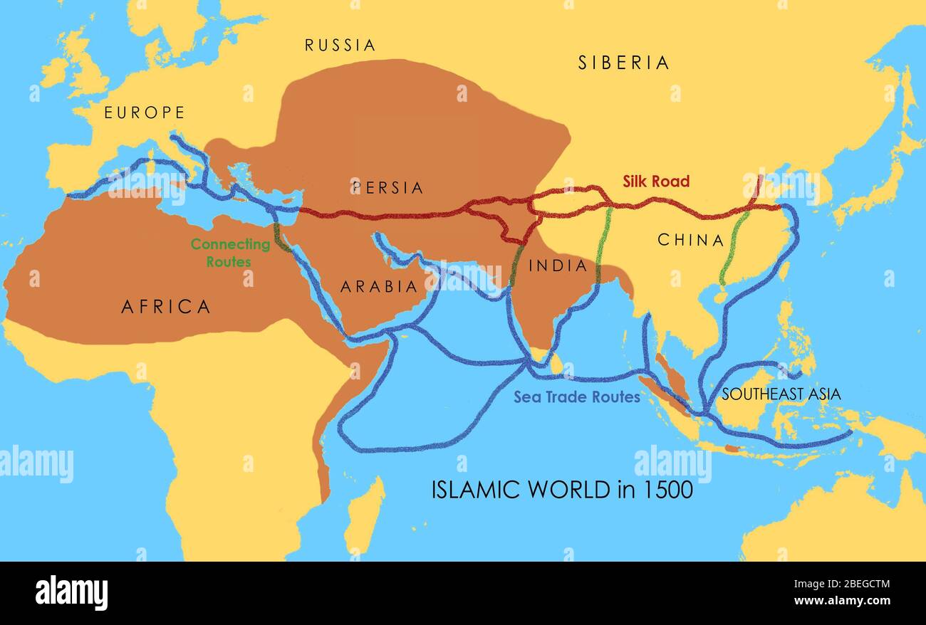 A map showing a network of medieval trade routes, including the Silk Road (connecting East and West between the 2nd century BCE and the 18th century) and various sea trade routes. The areas in darker yellow indicate the extent of the Islamic world in 1500. Stock Photo